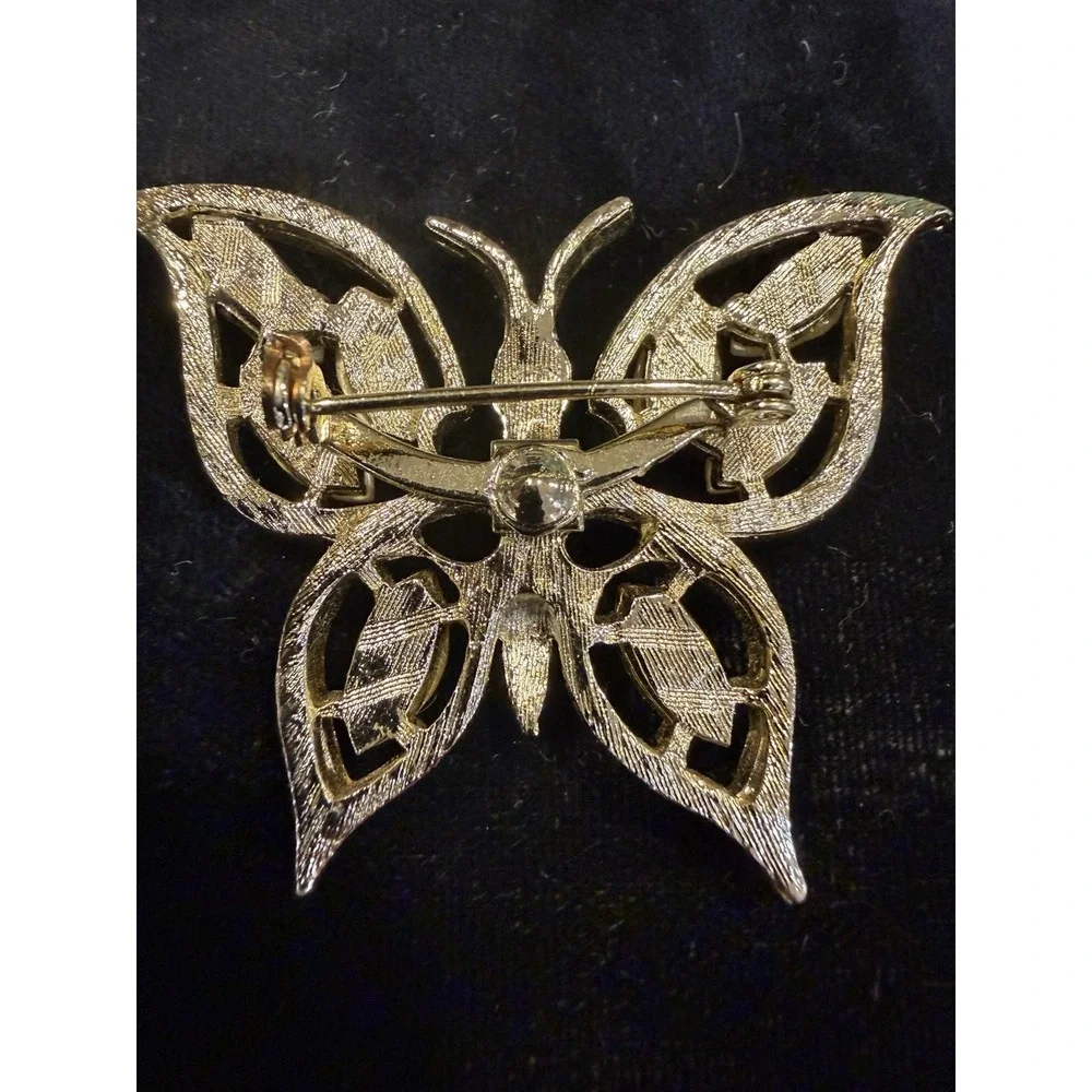 Vintage Gold Tone Butterfly Brooch Cream Marquise Stones Green Eyes‎ 1960s